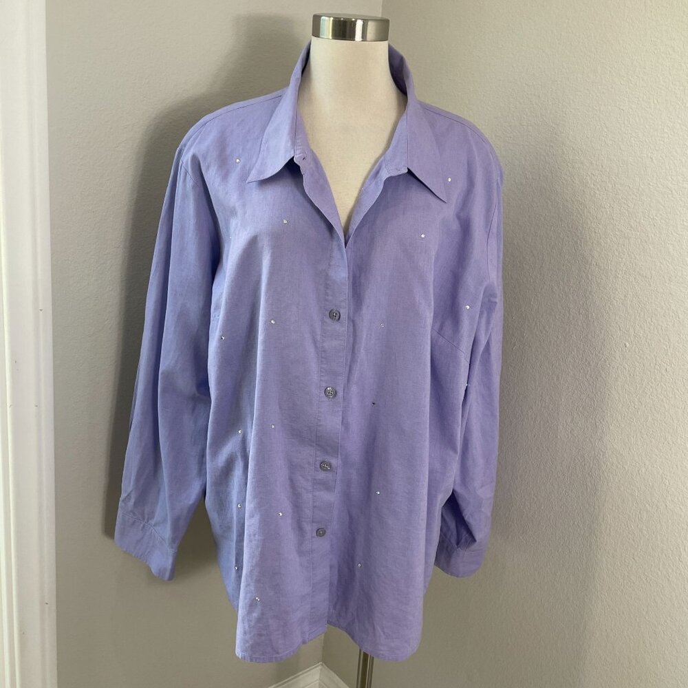 Quacker Factory Womens Plus 3X Lavender Linen Cotton Button Up Shirt Blouse‎